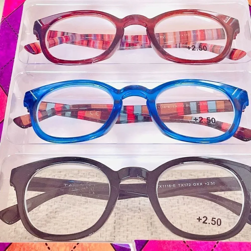 NWT 3 Pack 2.50 TAHARI Premium Eye Reading Glasses Black, Blue & Brown & Striped